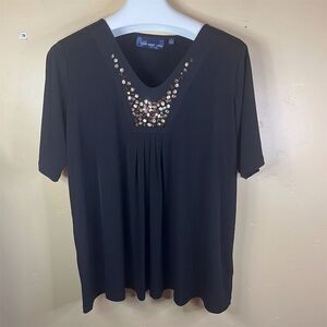 Susan Graver Womens Size 1X Black V-Neck Blouse Embellished Dressy Casual Blouse